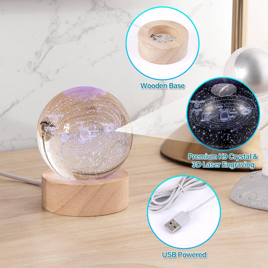 HASTHIP 3D Solar System Crystal Ball Night Light, 7 Colors Change Glass Ball Lamp with LED Light Wooden Base, Solar System Lamp for Bedroom Home Decor, Birthday Astronomy Space Gifts for Kids Friend